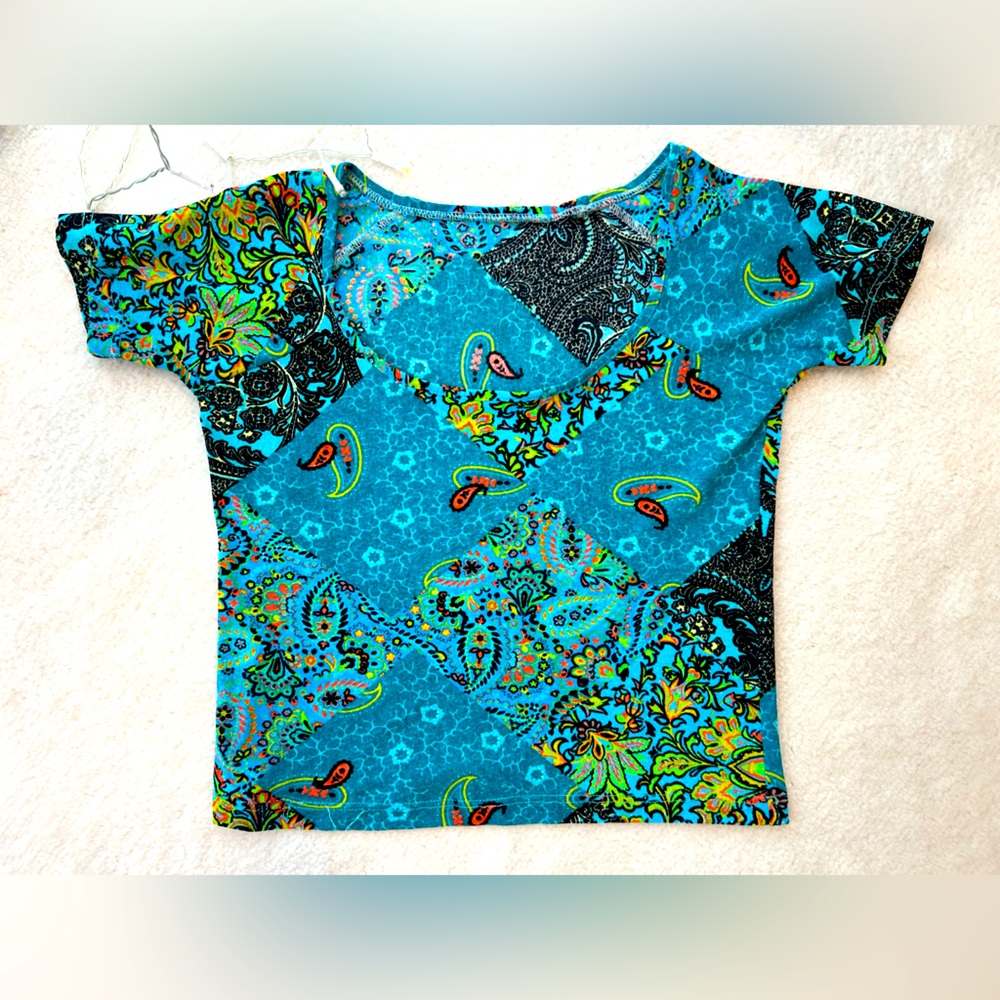 Anthropologie Crop Top Multicolor Blue Short Sleeves